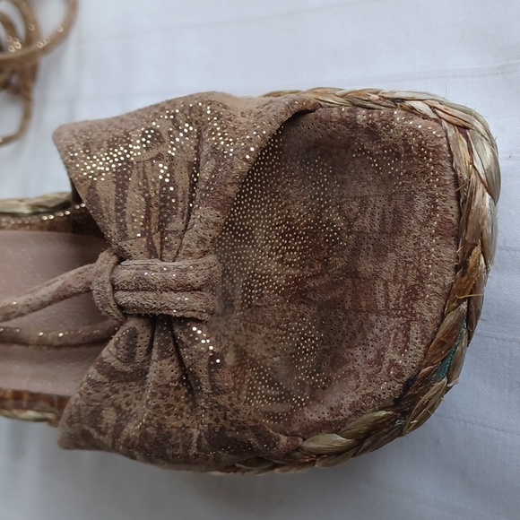 Stuart Weitzman Metallic Gold Espardrille Ankle Wrap Wedges- Sz. 7 - Picture 4 of 13